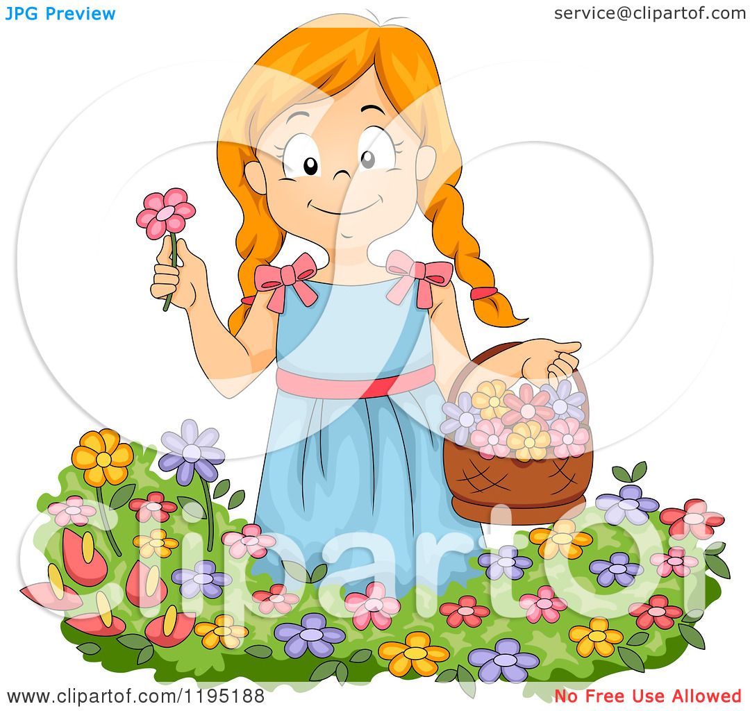 Cartoon of a Happy Red Haired Girl Picking Flowers in a ...