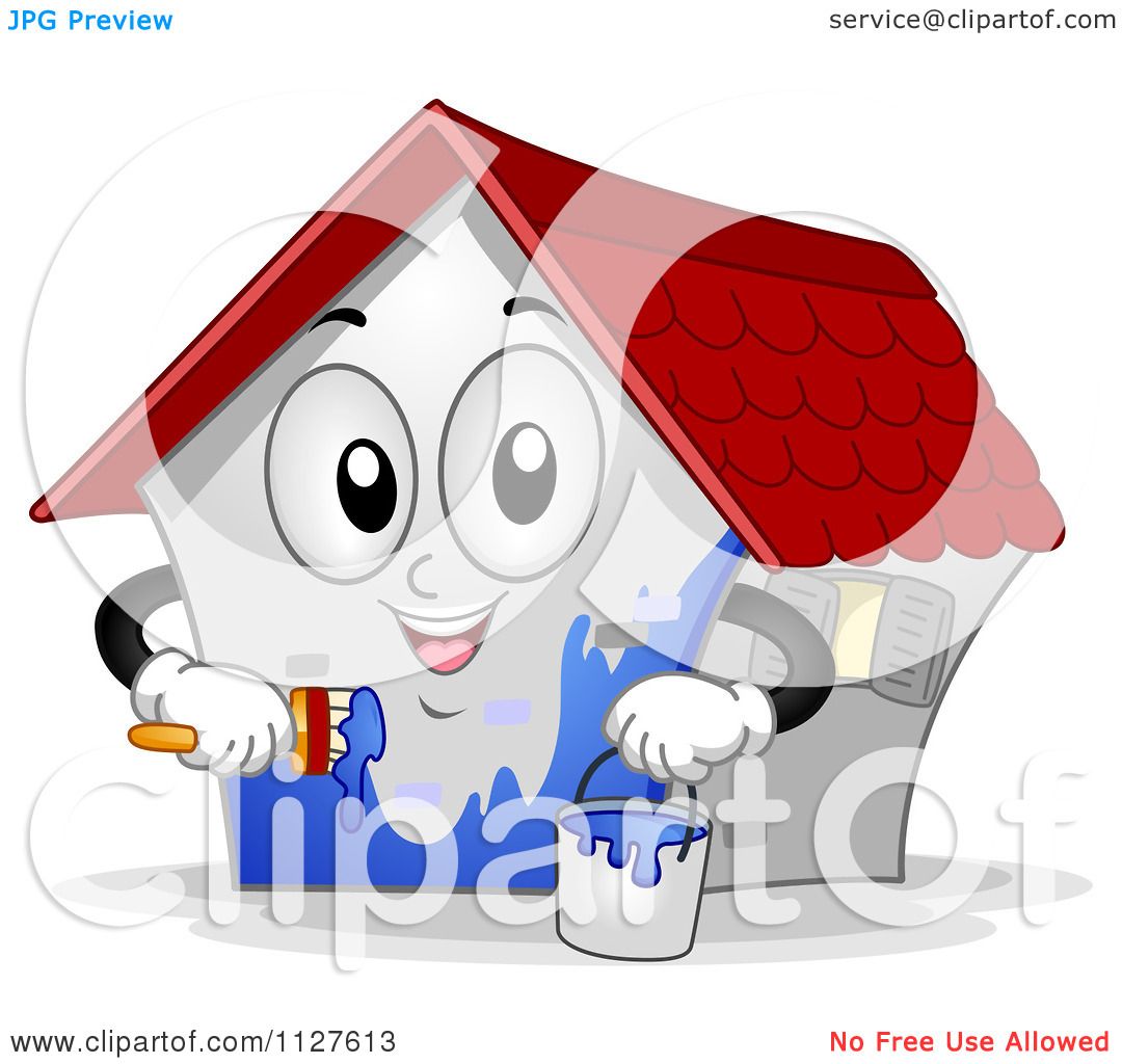 Cartoon Of A House Mascot Painting Itself Blue - Royalty Free Vector