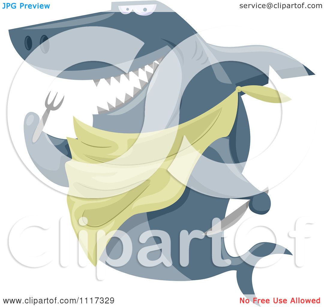 Cartoon Of A Hungry Shark With A Bib And Silverware - Royalty Free Vector  Clipart by BNP Design Studio #1117329