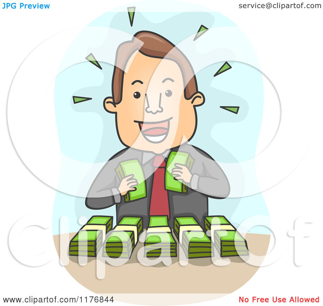 Cartoon of a Rich Businessman Counting His Bundled Money - Royalty Free