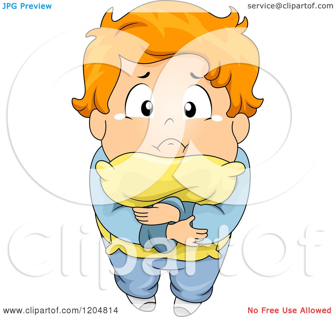 Cartoon of a Scared Red Haired Boy Hugging His Pillow and Looking up