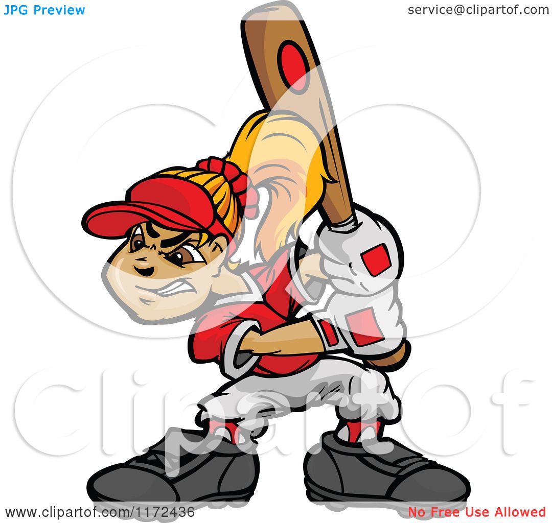 Cartoon of a Softball Player Girl Batting - Royalty Free Vector Clipart ...