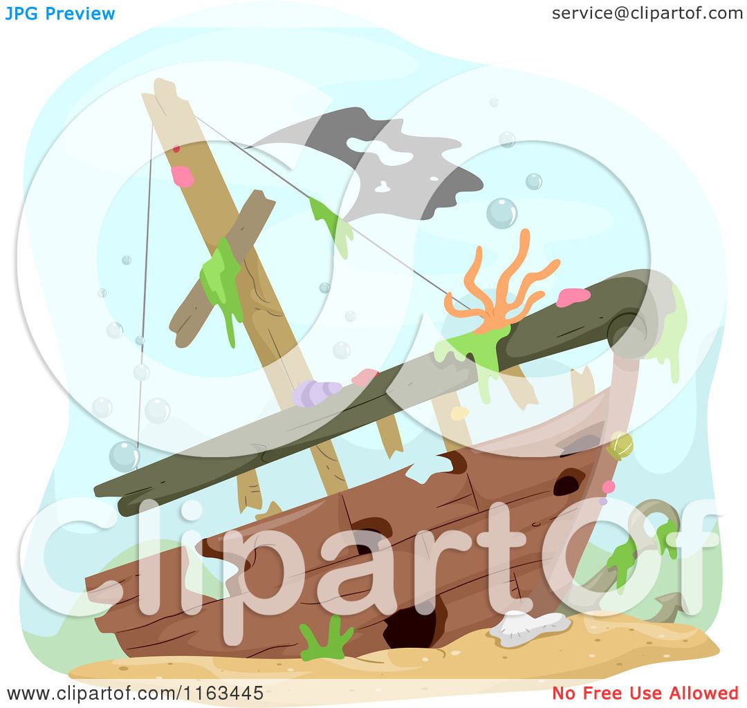 Cartoon of a Sunken Ship Wreck Underwater - Royalty Free Vector Clipart