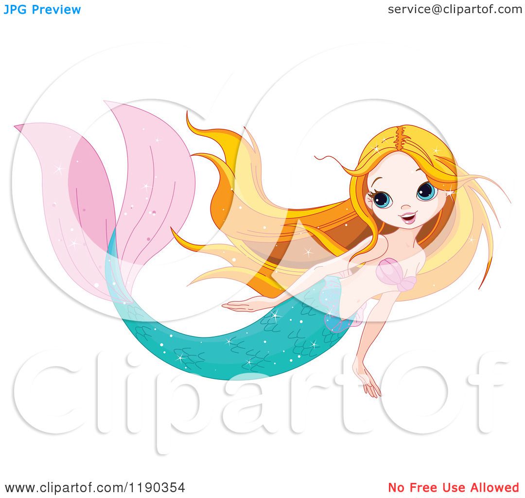 Cartoon of a Swimming Pretty Mermaid with Long Strawberry ...