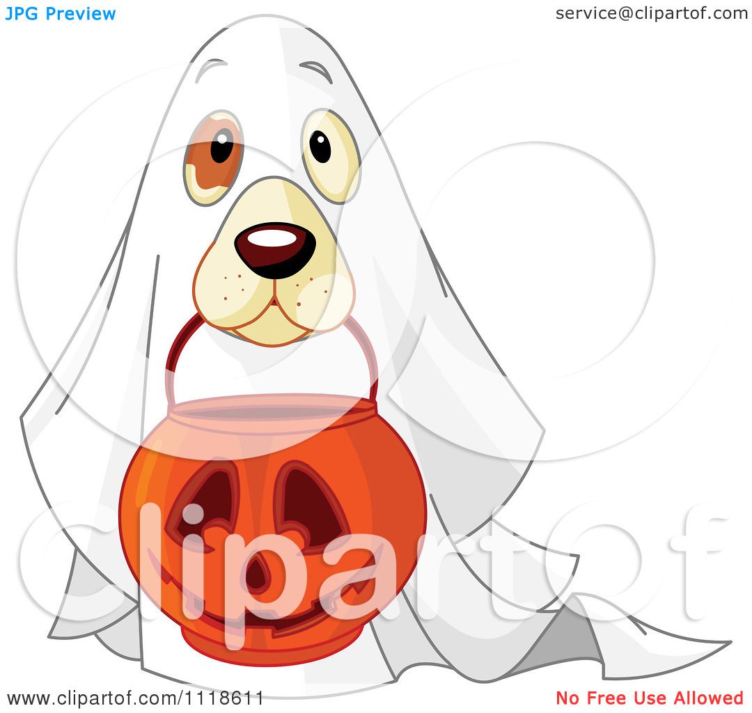 Cartoon Of A Trick Or Treating Halloween Dog In A Ghost Costume