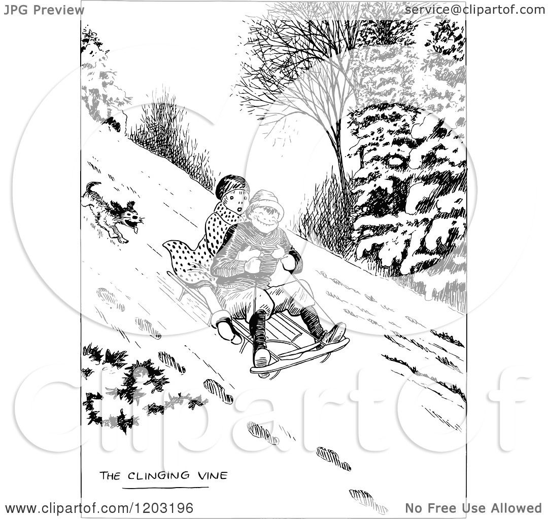 Cartoon of a Vintage Black and White Dog Chasing Kids on a Sled