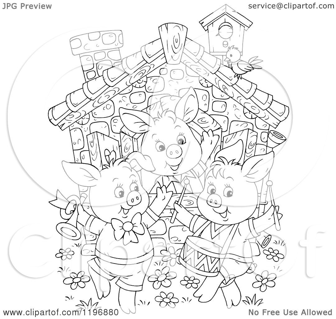 Cartoon of an Outline of the Three Little Pigs Dancing at a Cottage