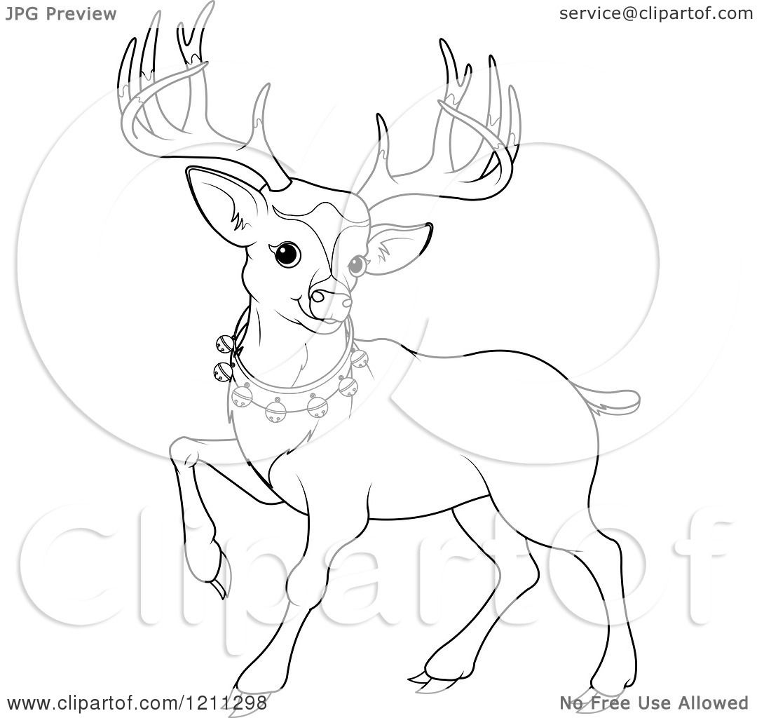 Cartoon of an Outlined Cute Christmas Reindeer with a Bell Collar - Royalty Free Vector Clipart ...