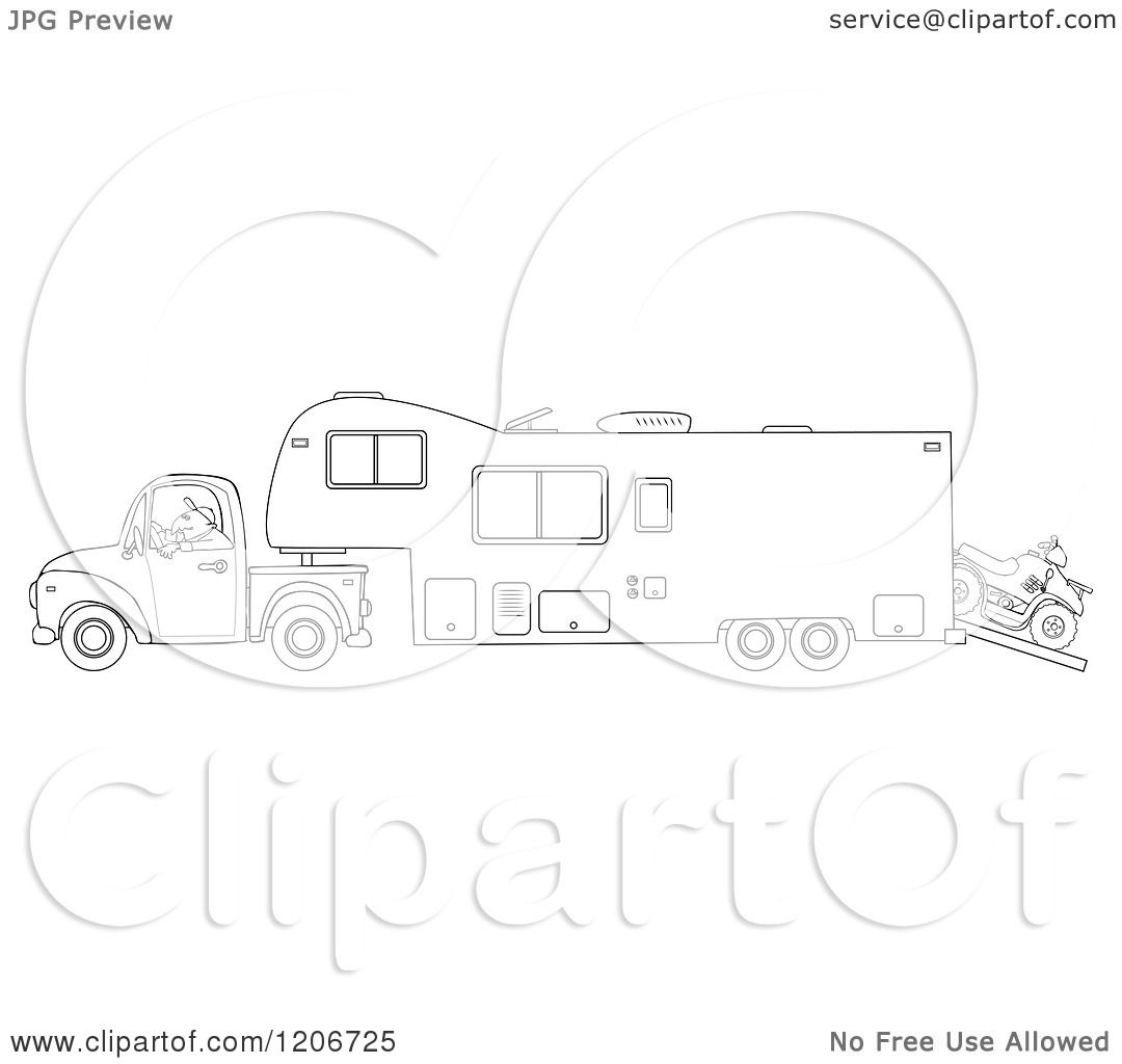 Cartoon of an Outlined Man Driving a Pickup Truck and Hauling a Camper ...