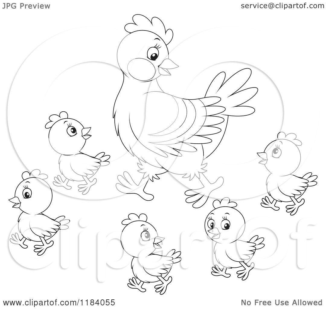 Download Cartoon of an Outlined Mother Hen and Baby Chicks ...