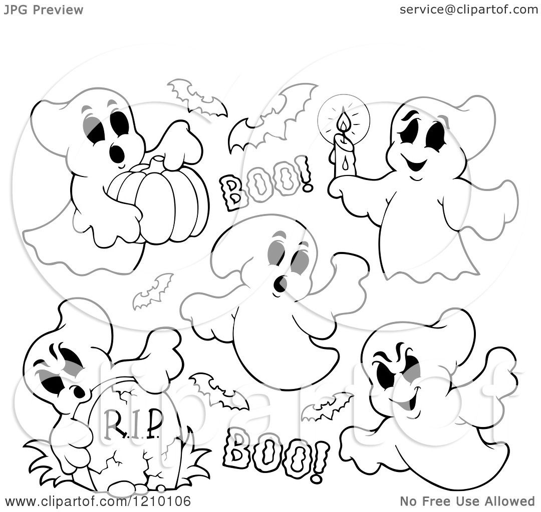 Cartoon of Black and White Halloween Ghosts and Bats Royalty Free