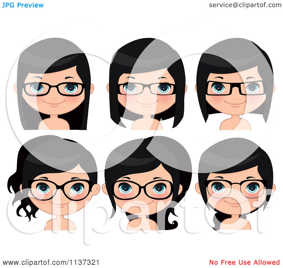 Cartoon Of Faces Of A Happy Girl Wearing Glasses - Royalty Free Vector