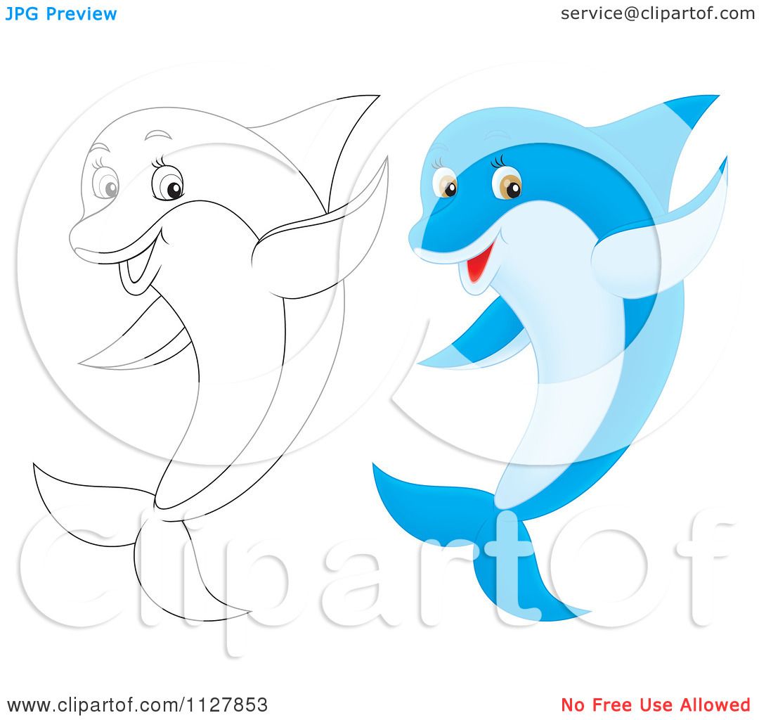 Cartoon Of Outlined And Colored Cute Dolphins Jumping And Waving - Royalty  Free Clipart by Alex Bannykh #1127853
