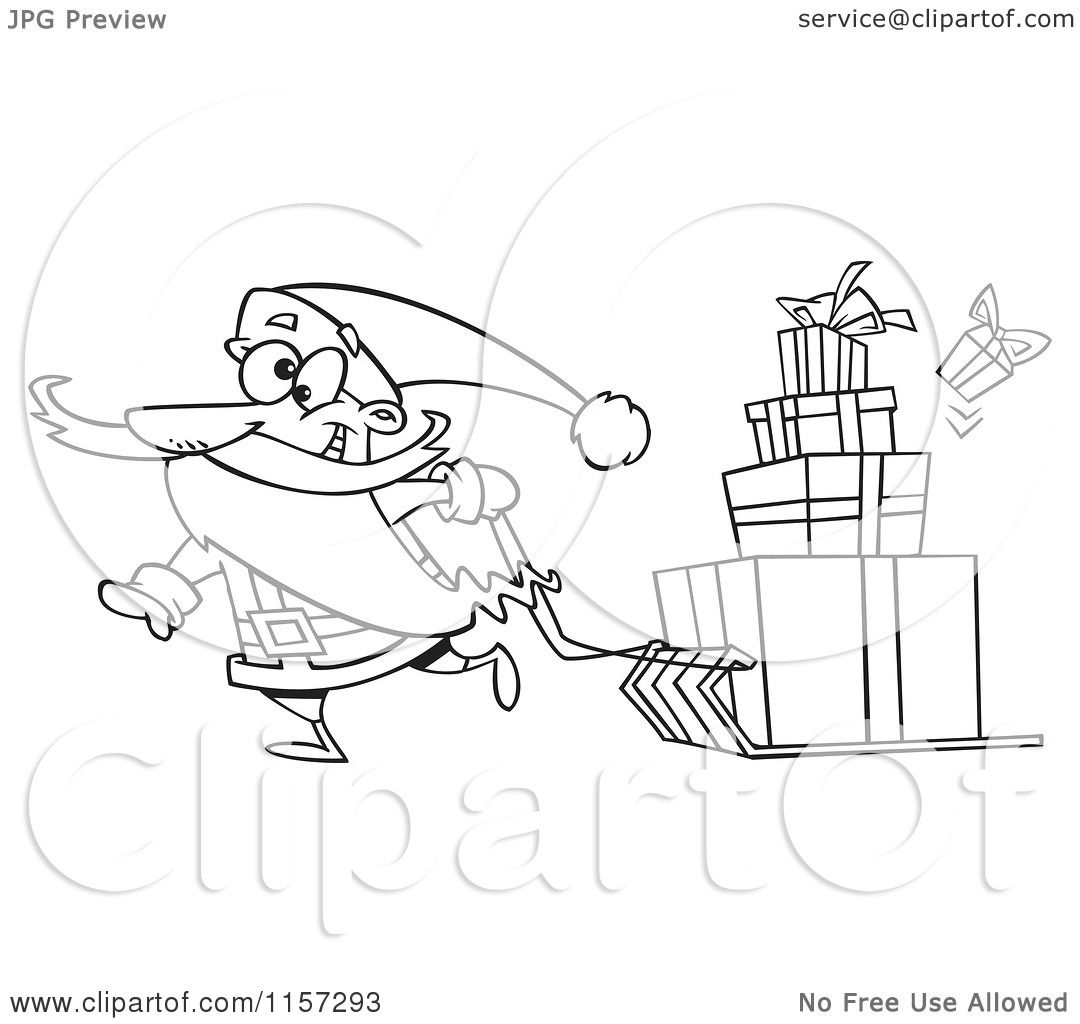 Download Cartoon of Santa Pulling Christmas Gifts on a Sled - Vector Outlined Coloring Page by toonaday ...