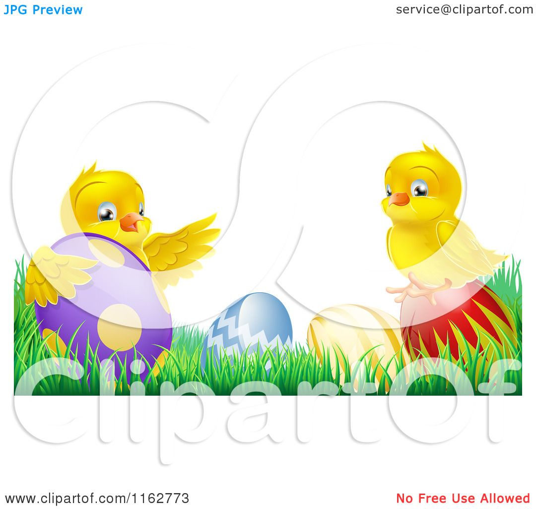 Cartoon of Yellow Easter Chicks Playing in Grass with Eggs - Royalty ...