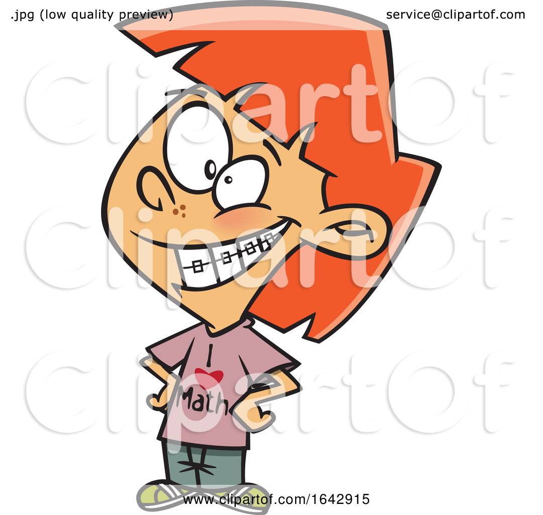 Cartoon Red Haired Girl with Braces Wearing a I Love Math Shirt by toonaday  #1642915