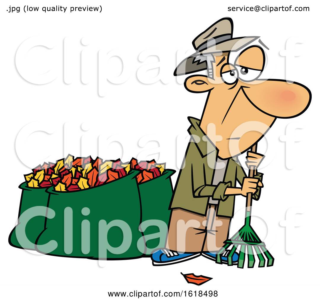 Cartoon Tired Old White Man After Raking and Bagging Autumn Leaves by ...