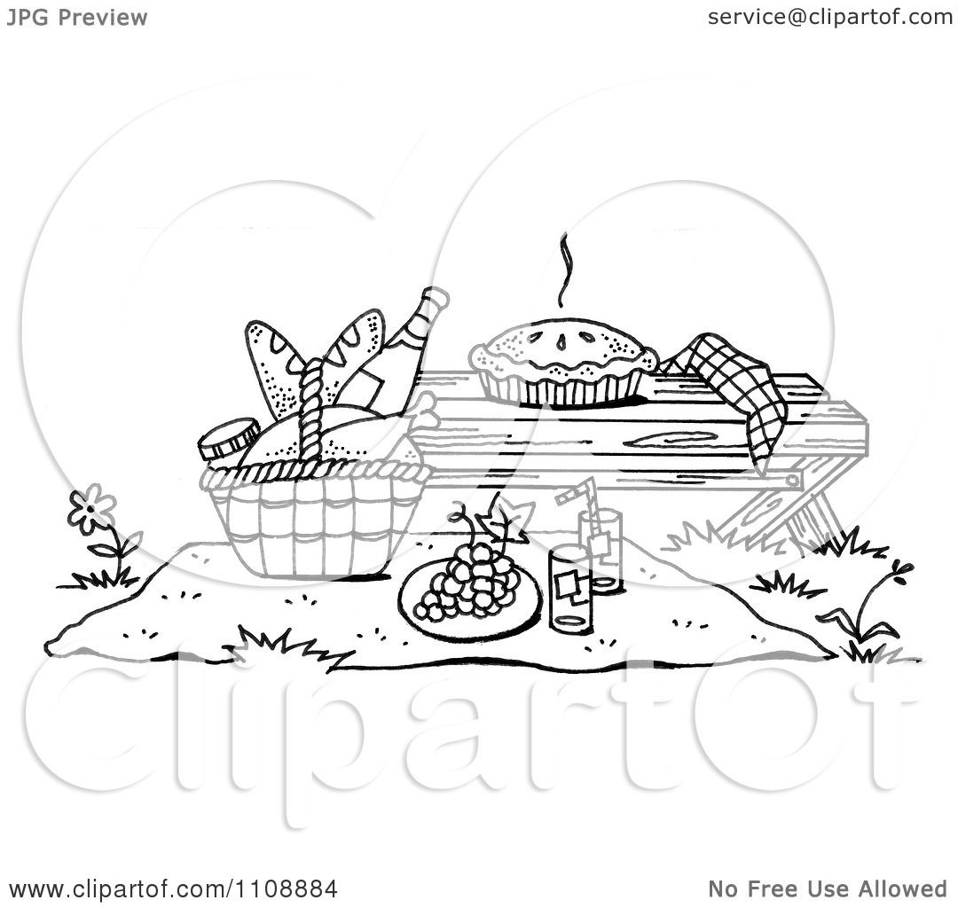 Clipart Black And White Picnic Scene With A Pie On A Bench And Food On A  Blanket - Royalty Free Illustration by LoopyLand #1108884