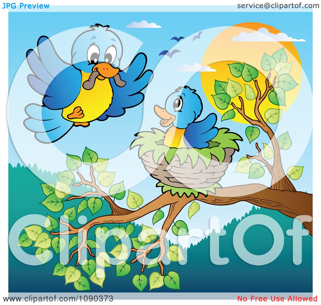 Clipart Blue Bird Delivering A Worm To A Young One In A Tree Nest ...