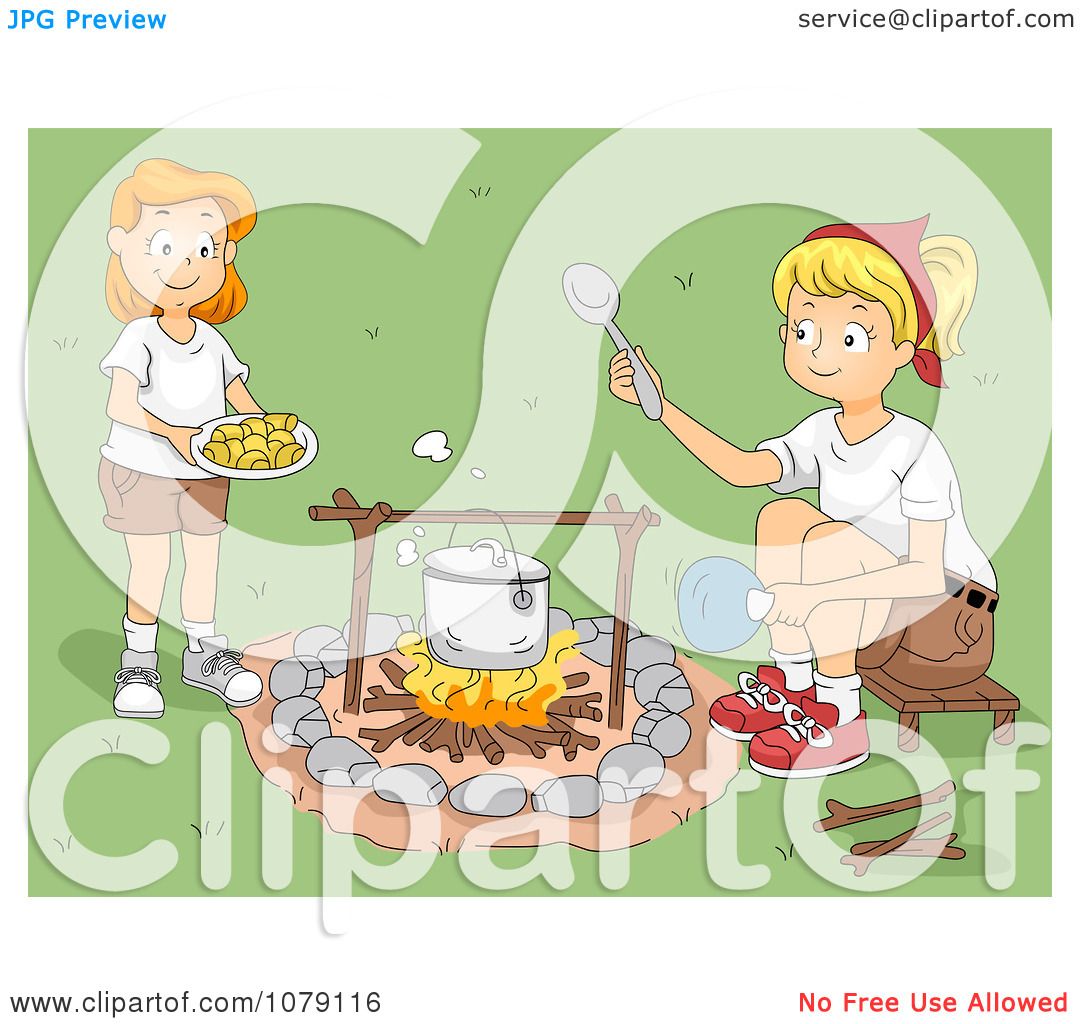 Clipart Camp Leader And Girl Cooking Over A Camp Fire ...