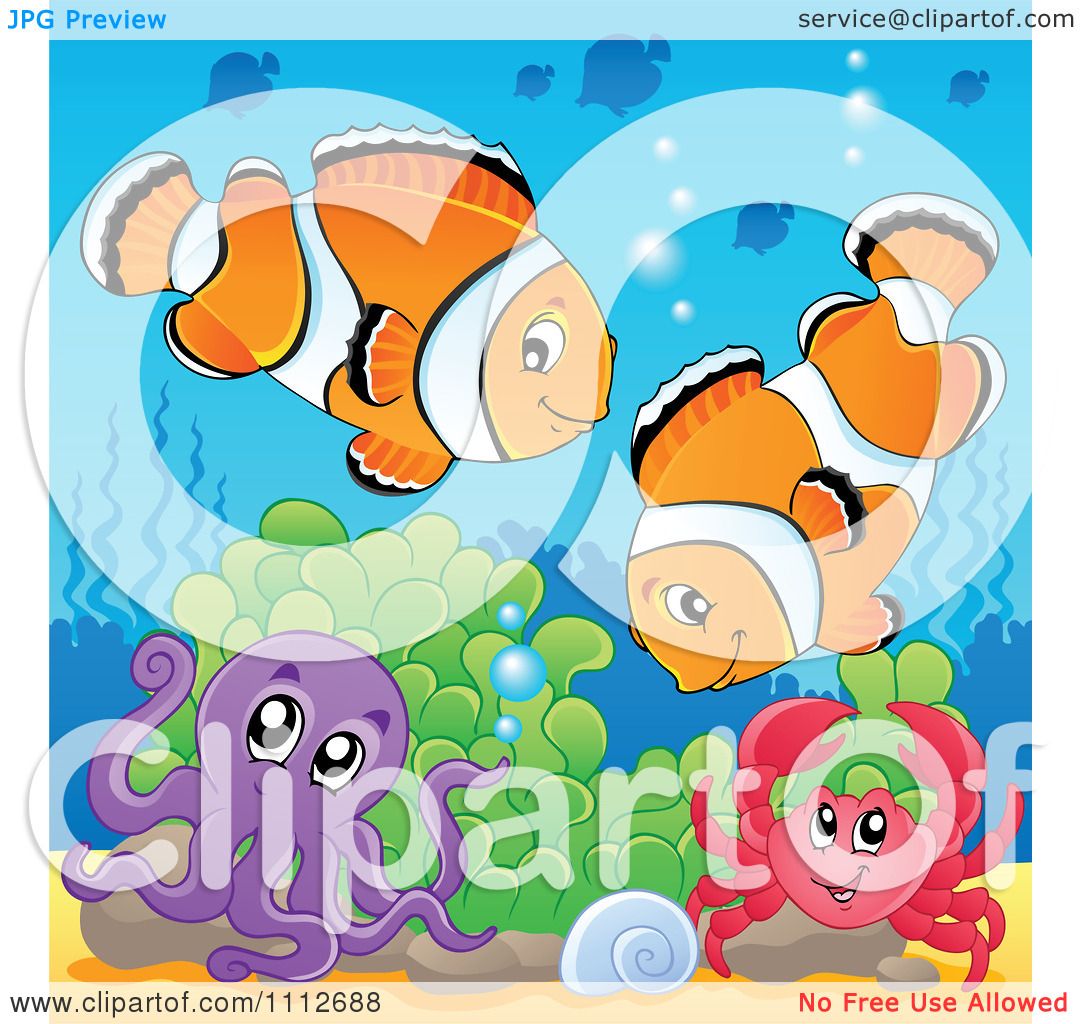 Clipart Clownfish Pair Over An Octopus And Crab In Soft Corals ...