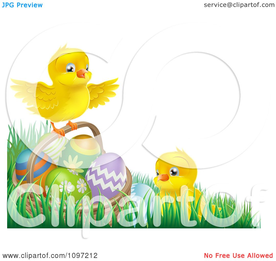 Clipart Cute Easter Chicks With A Basket And Eggs In Grass - Royalty ...