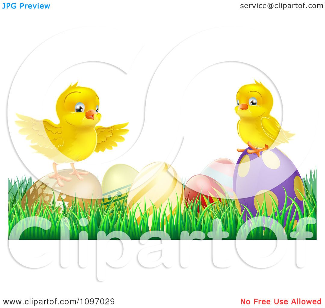 Clipart Cute Yellow Easter Chicks On Top Of Decorated Eggs In Grass ...