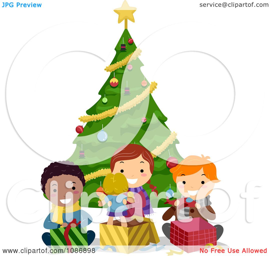 Download Clipart Friends Opening Their Christmas Presents By A Tree ...