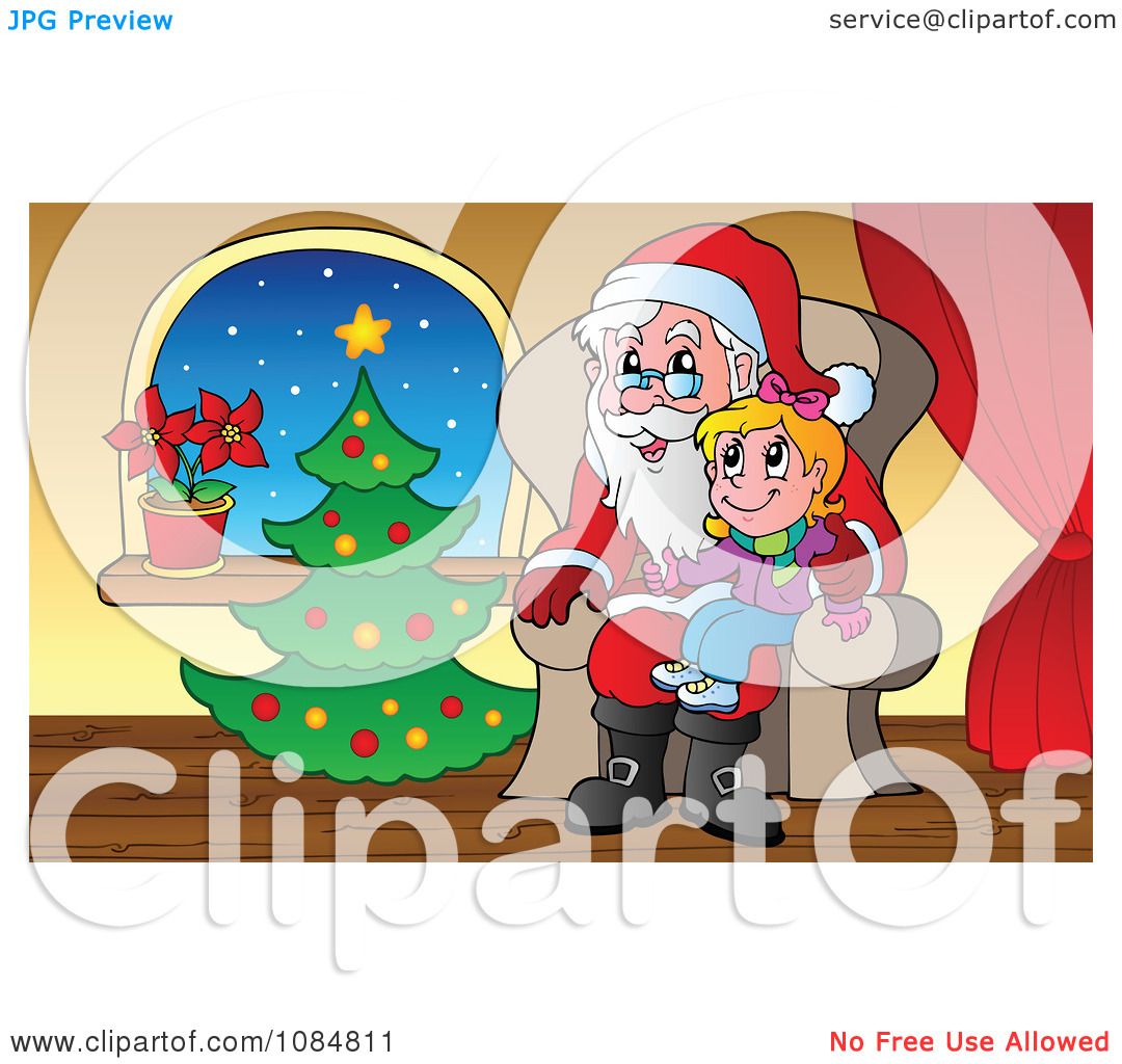 Clipart Girl Sitting Santas Lap By A Christmas Tree Royalty Free Vector Illustration by visekart
