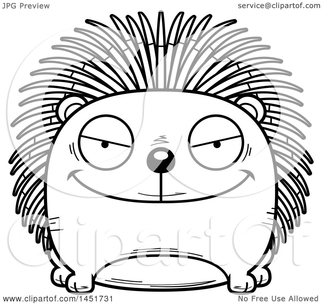 Clipart Graphic Of A Cartoon Black And White Lineart Sly Porcupine Character Mascot Royalty 