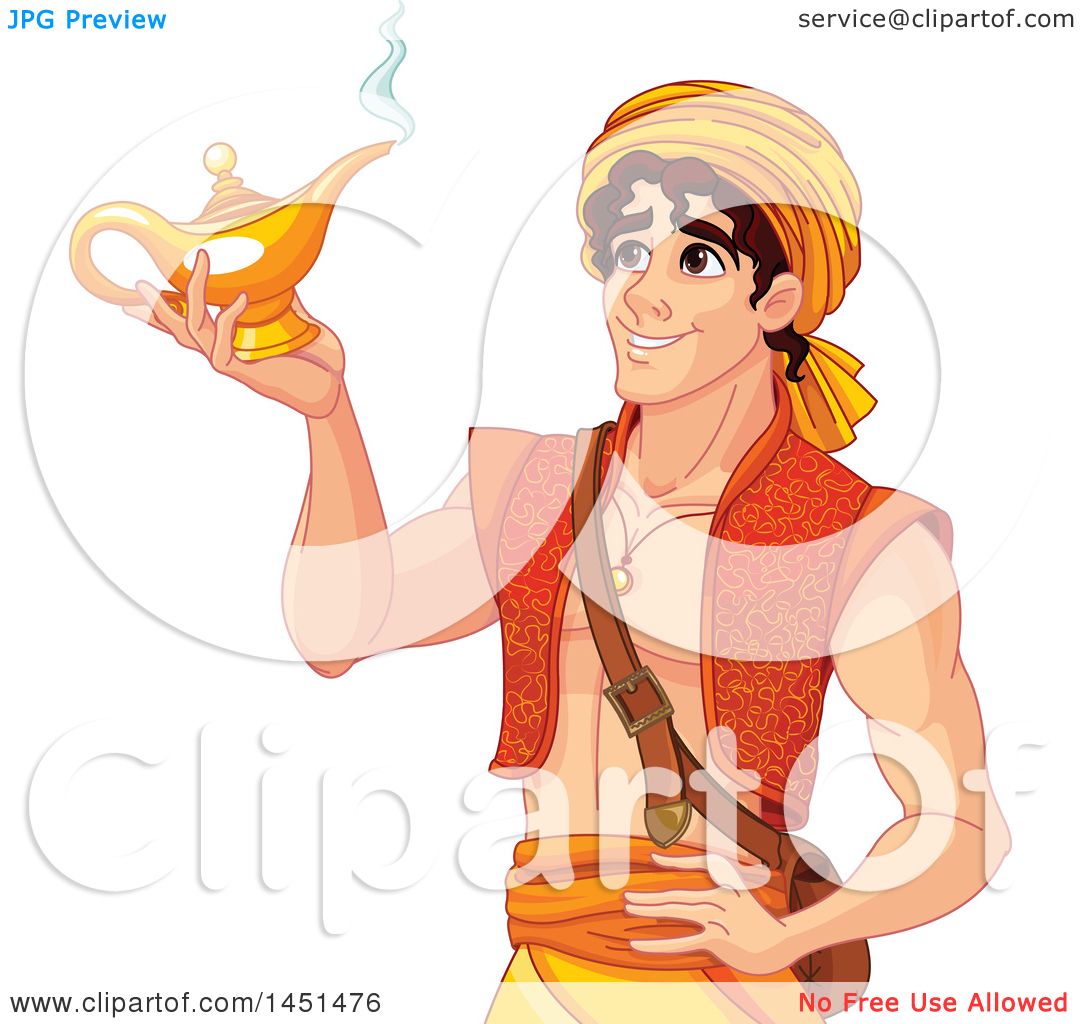 låg Maleri komme til syne Clipart Graphic of a Handsome Arabian Man, Aladdin, Holding a Genie Lamp -  Royalty Free Vector Illustration by Pushkin #1451476