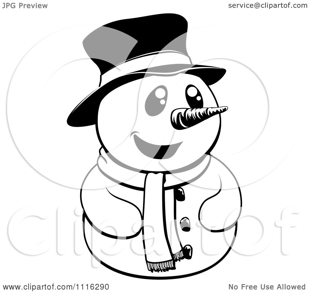 Clipart Happy Black And White Christmas Snowman With A Top Hat And Scarf Royalty Free Vector Illustration By Atstockillustration