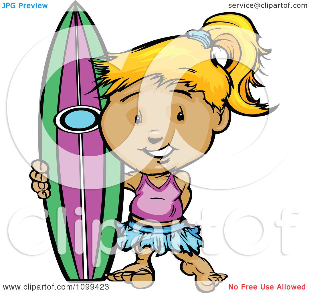 Clipart Happy Blond Surfer Girl Standing With Her Board - Royalty Free ...