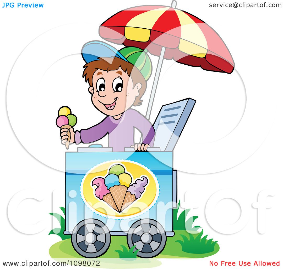 Clipart Happy Ice Cream Vendor Boy Holding Out A Cone - Royalty Free