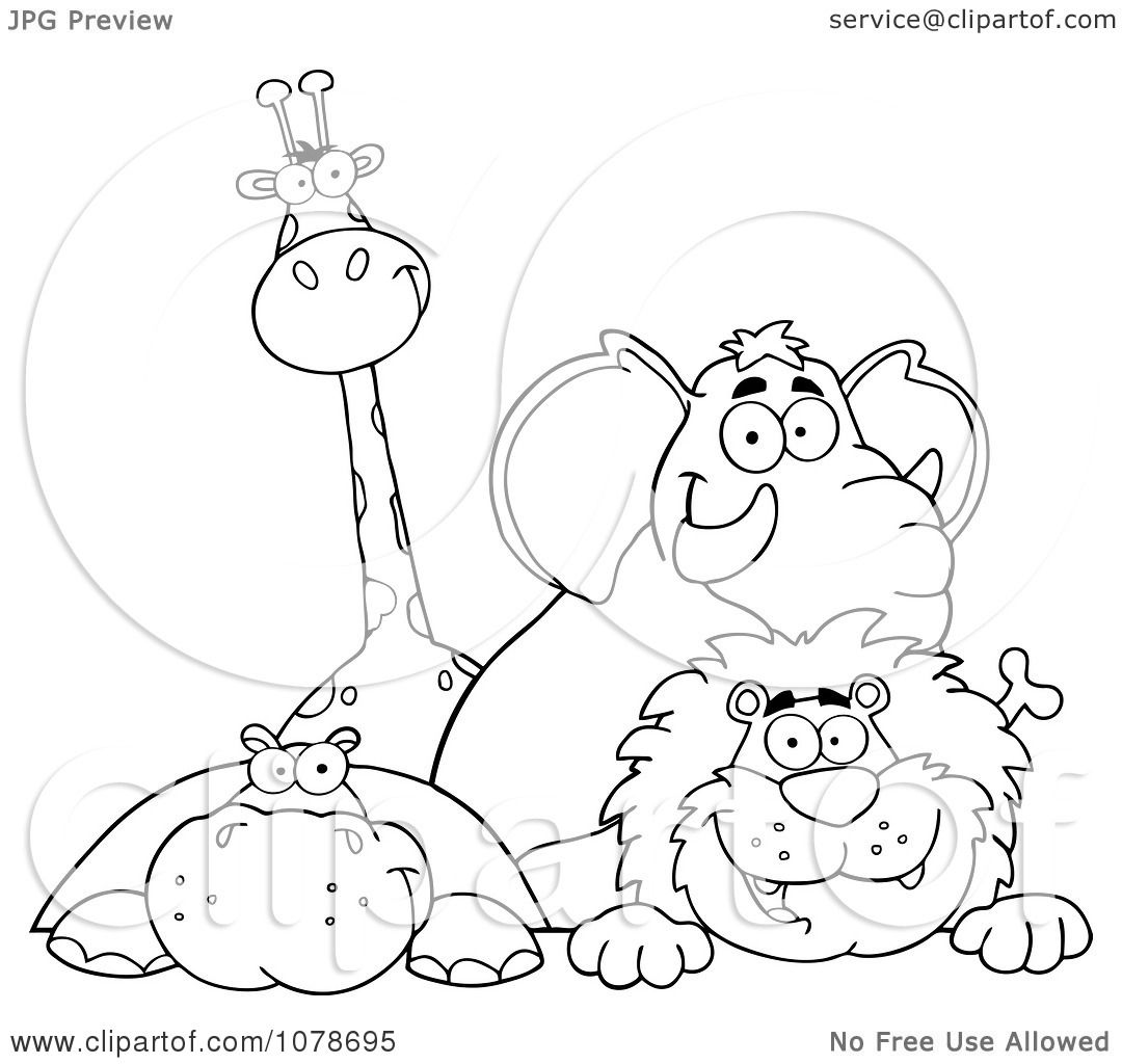 Clipart Happy Outlined Giraffe Elephant Hippo And Lion ...