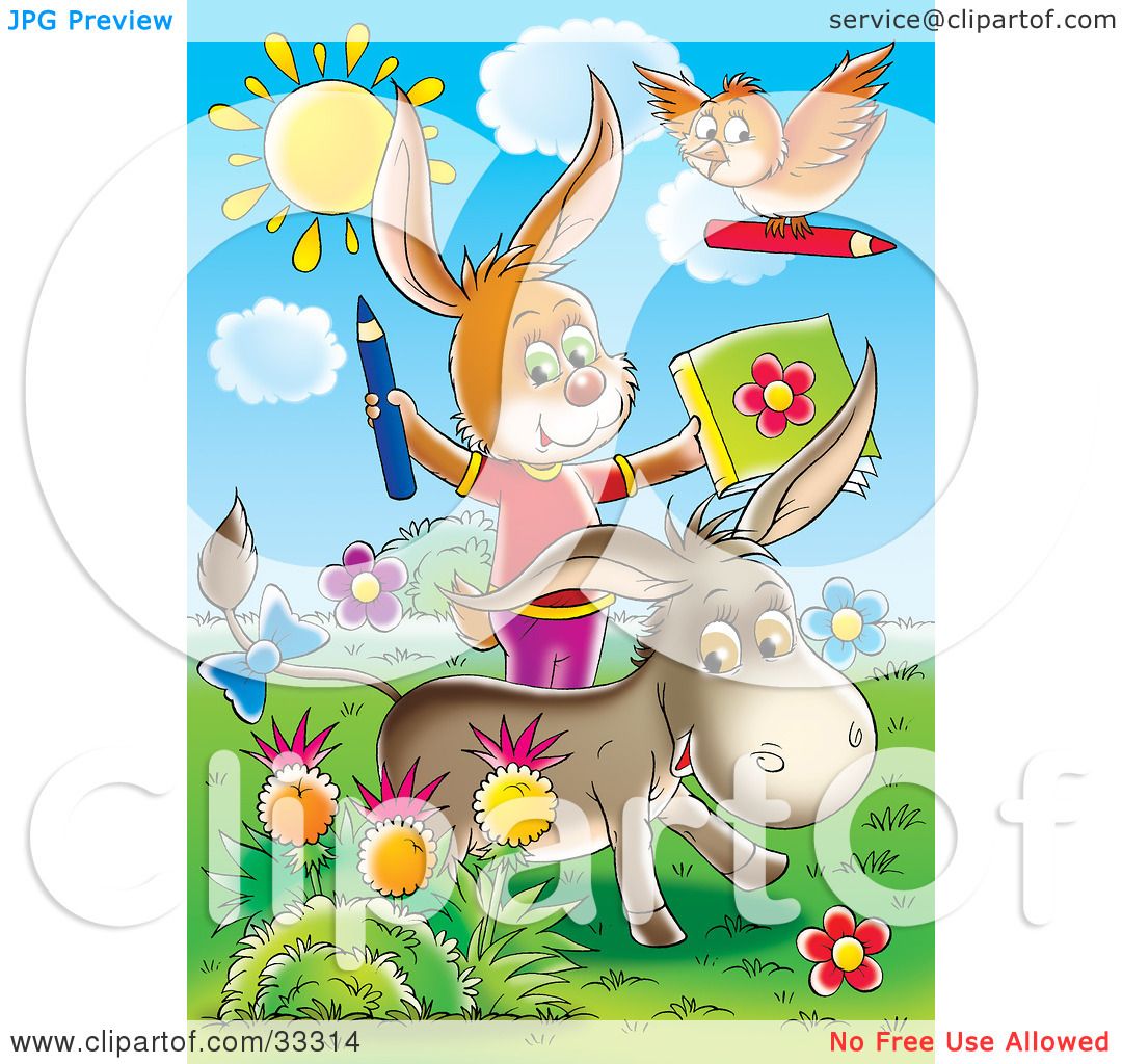 Download Clipart Illustration of a Bird, Rabbit And Donkey Coloring Outside In A Flower Garden by Alex ...