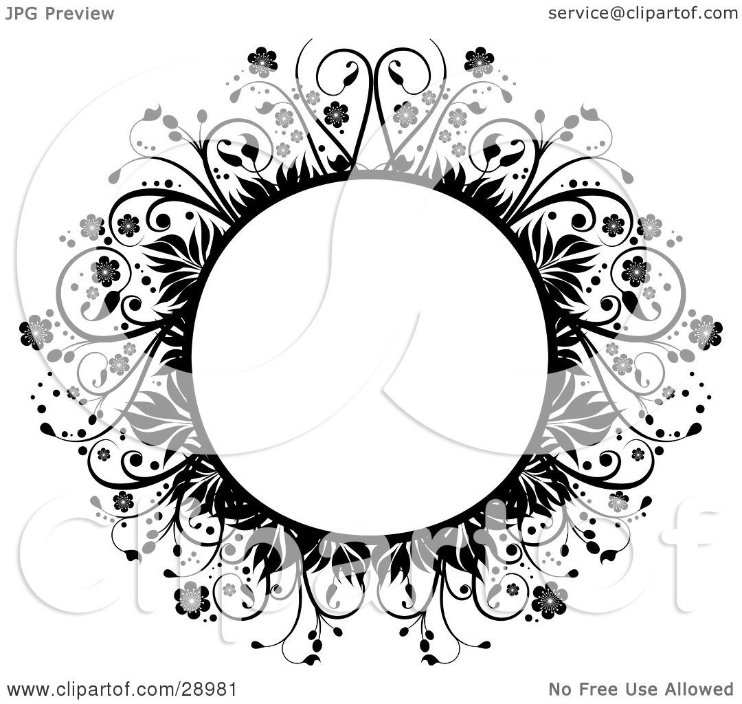 Clipart Illustration of a Blank Circle Framed By Black Flowers, Leaves