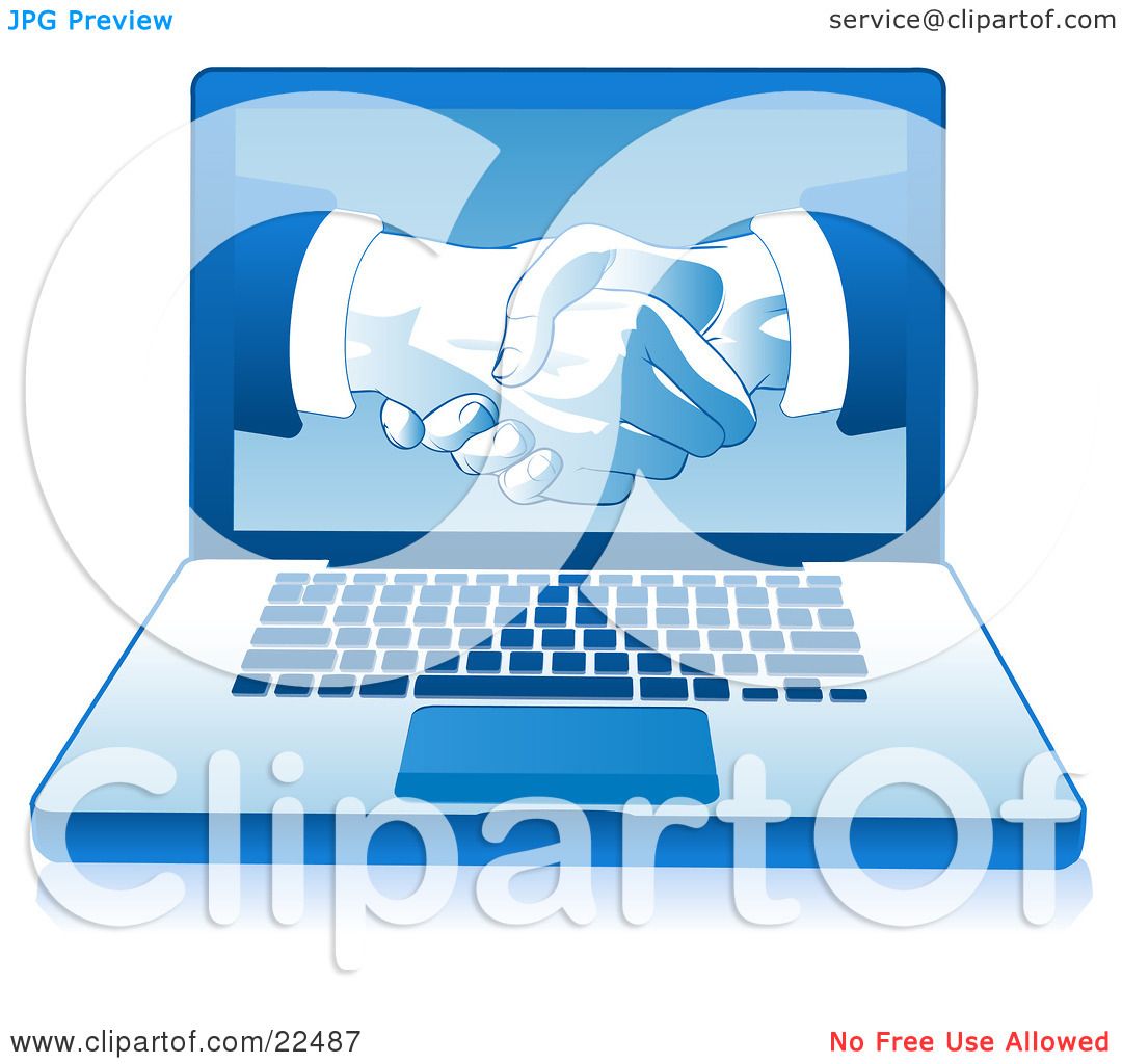 Clipart Illustration of a Blue Laptop Computer With Businessmen Shaking