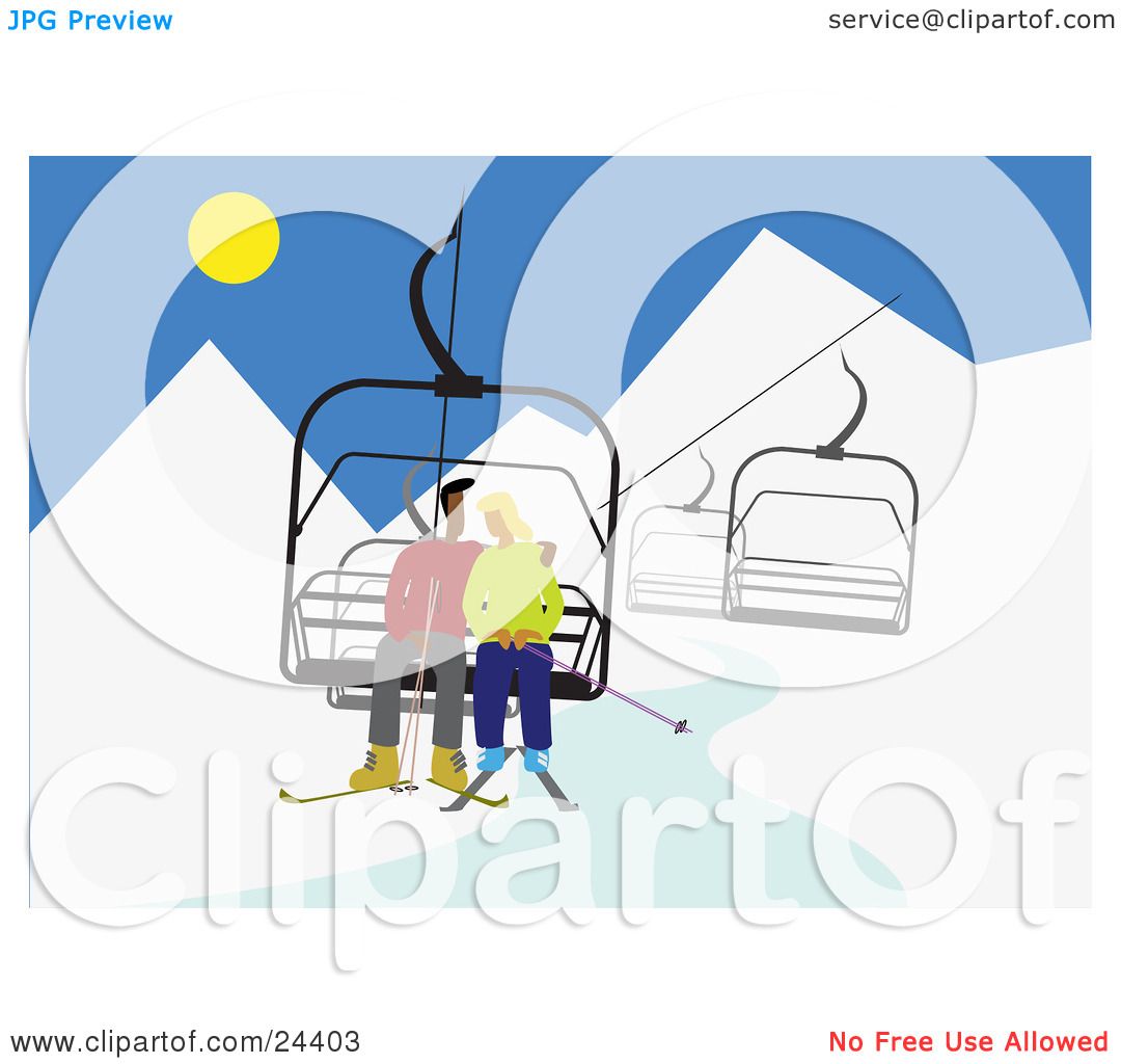 Clipart Illustration of a Couple Cuddling On A Ski Lift While In The