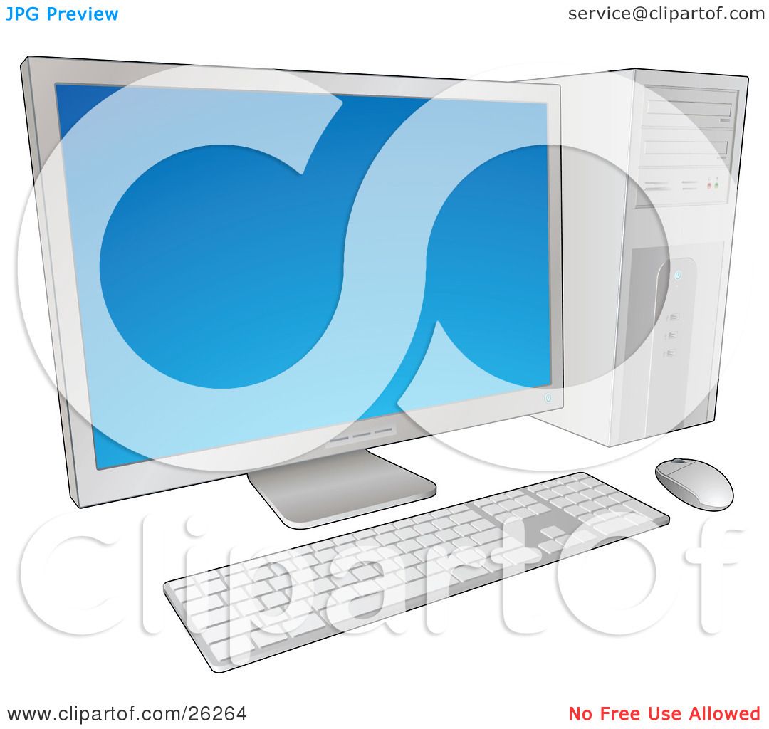 Clipart Illustration of a Desktop Computer With A Blue Flat Screen