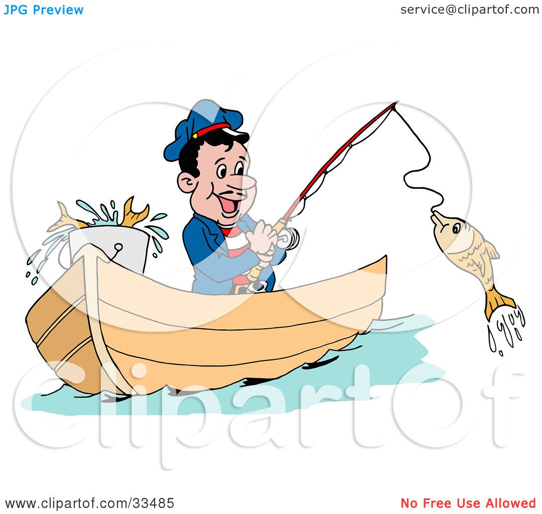 Clipart Illustration of a Happy Greek Fisherman In A Boat, Reeling In A Fish  On A Hook by LaffToon #33485
