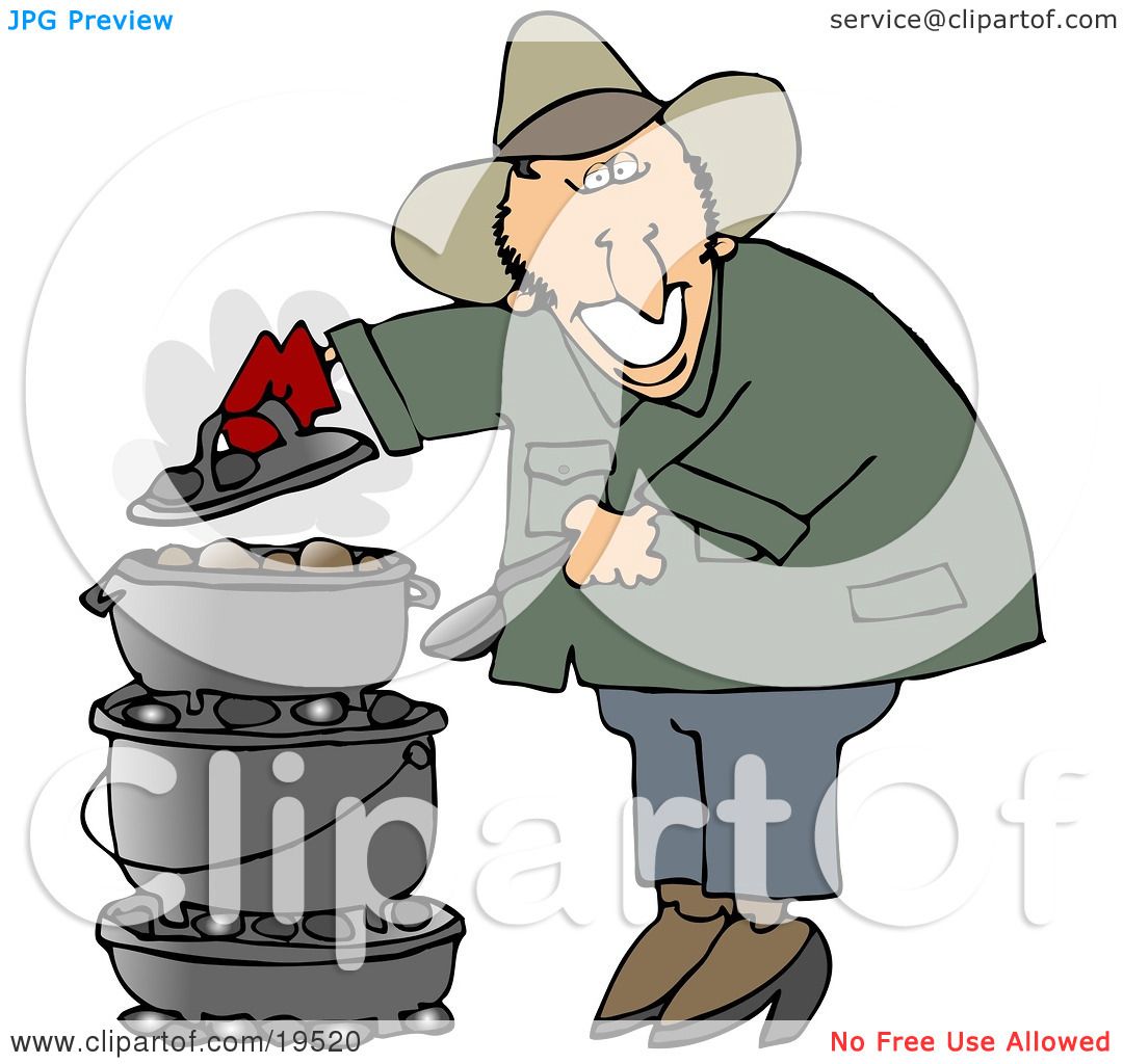 Clipart Illustration of a Happy White Guy Cooking On A Dutch Oven While ...