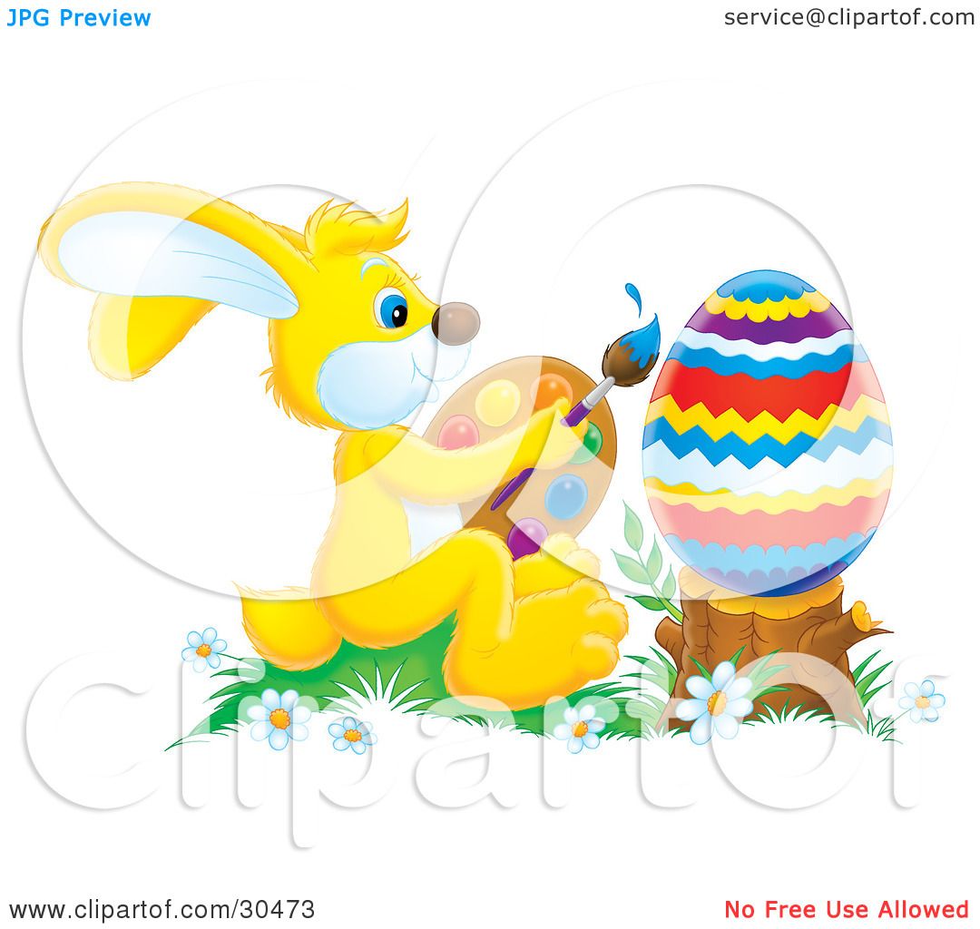 Clipart Illustration of an Artistic Yellow Easter Bunny Holding A ...