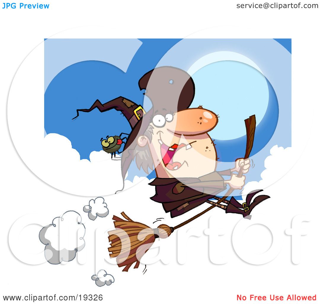 Clipart Illustration Of An Ugly Female Witch In Brown With A Spider On Her  Hat, Flying Through The Clouds On Her Bromstick by Hit Toon #19326