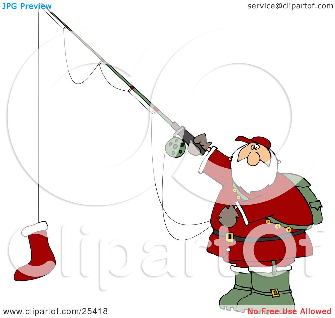Clipart Illustration of Santa Holding A Red Christmas Stocking On A