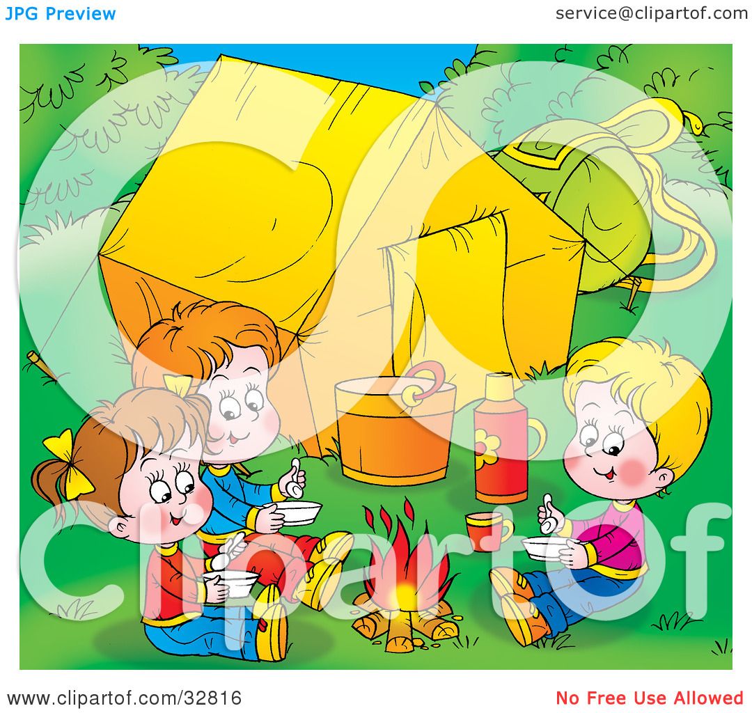 Clipart Illustration of Three Children Warming Up By A Campfire Near ...
