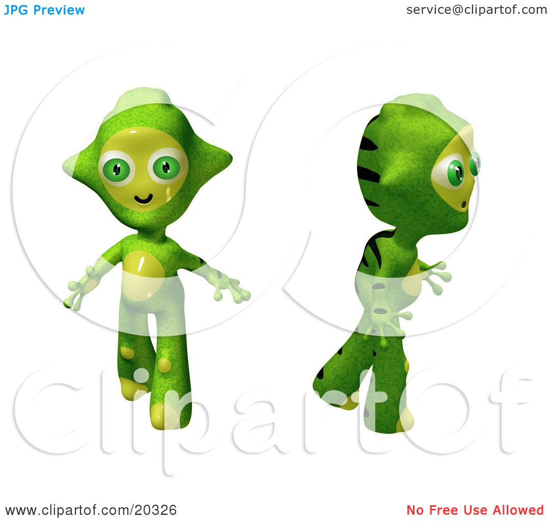 Clipart Illustration of Two Cute Green And Yellow Alien Toys Walking