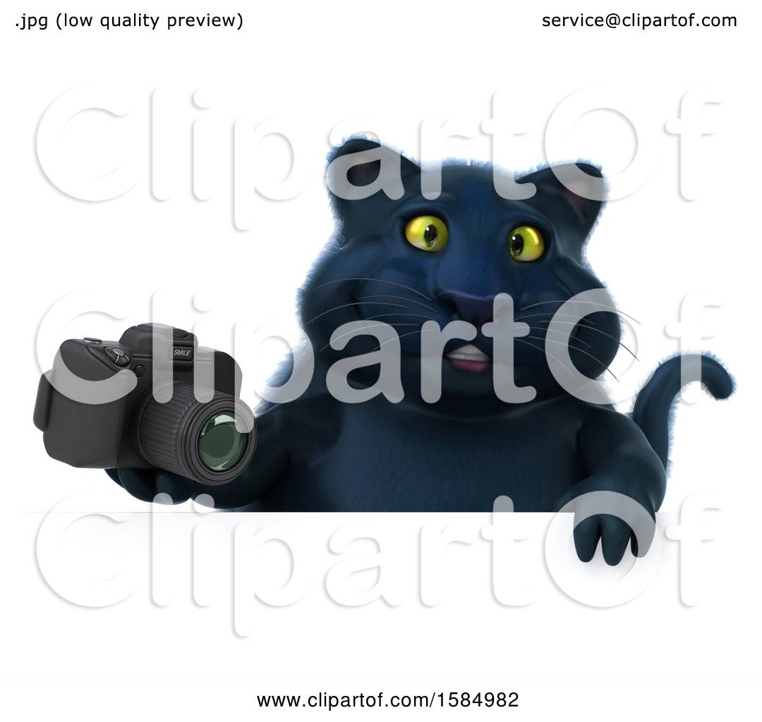 Clipart of a 3d  Black Kitty Cat  Holding a Camera  on a 