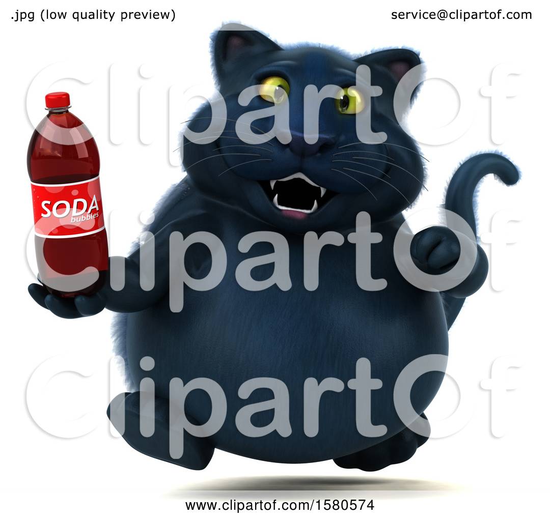 Clipart of a 3d Black Kitty Cat Holding a Soda, on a White ...