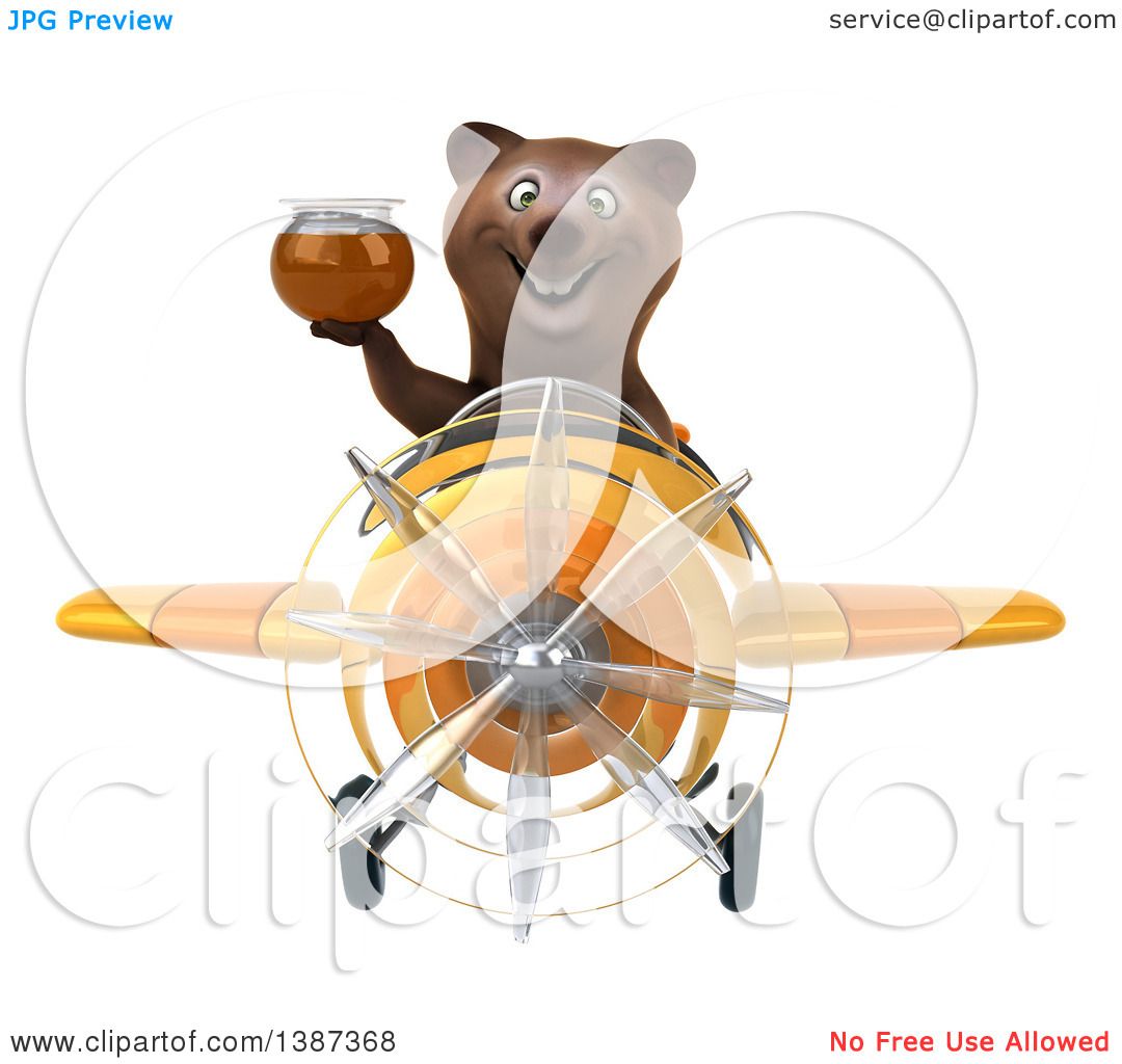 Clipart of a 3d Brown Bear Flying an Airplane, on a White Background